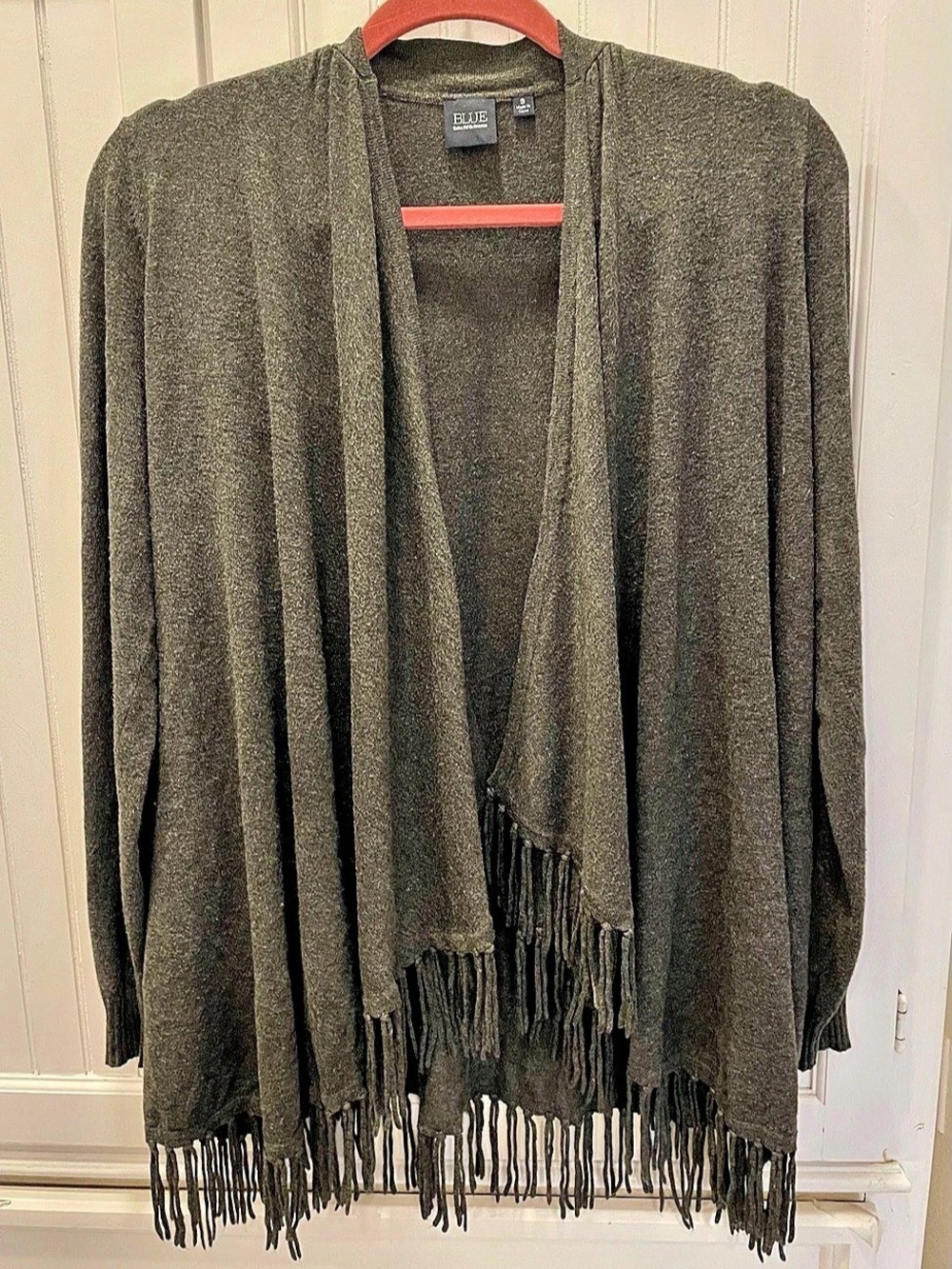 BLUE Saks Fifth Avenue Gray Solid Knit Fringe Open Front Cardigan Sweater S